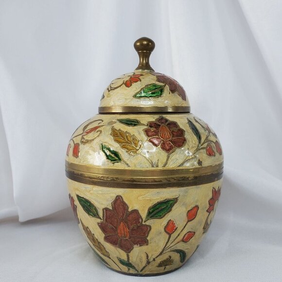 VTG Brass Cloisonné Enamel Lidded Ginger Jar Pot Urn Made in India 6 inches tall - Picture 13 of 13